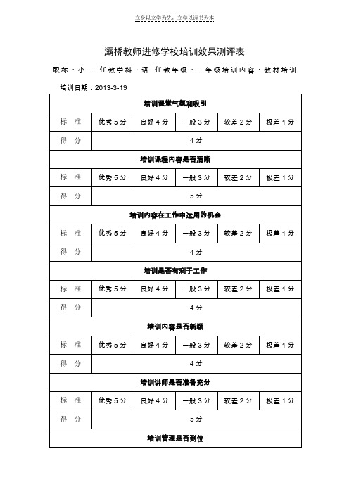 小学一年级语文教材辅导培训效果测评表