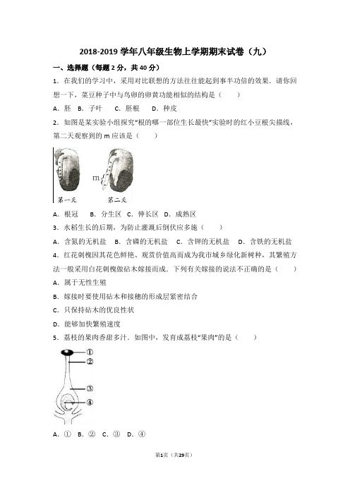 2018-2019学年八年级生物上学期期末试卷附答案(九)