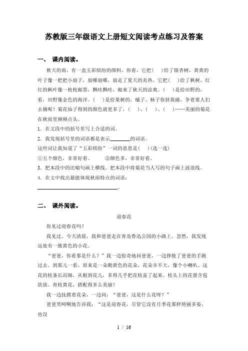 苏教版三年级语文上册短文阅读考点练习及答案