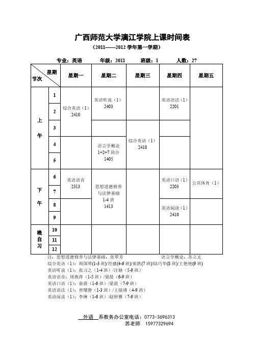 11级英语专业课程时间安排表