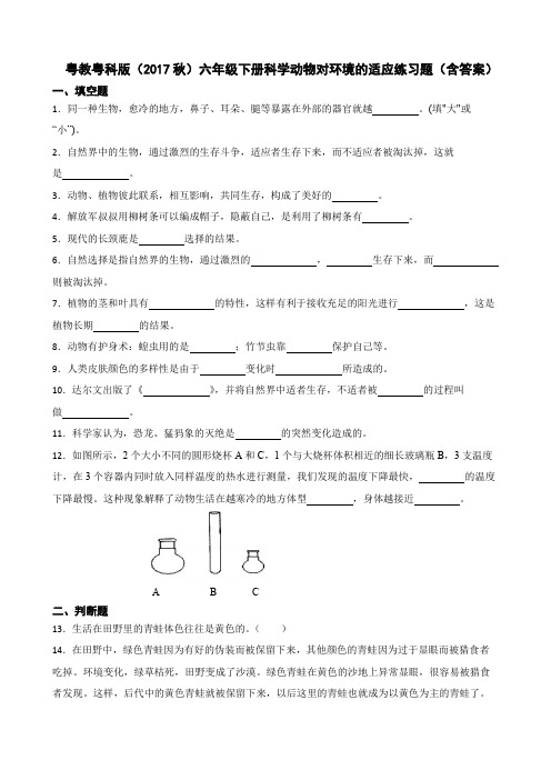 粤教粤科版(2017秋)六年级下册科学动物对环境的适应练习题(含答案)