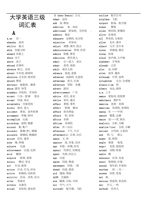 大学英语三级(A级)词汇表