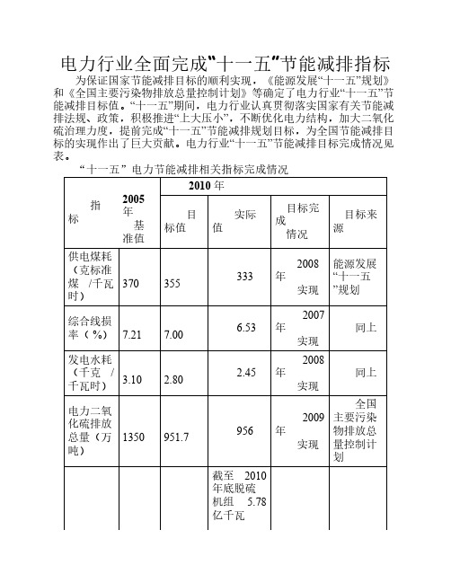 电力行业全面完成“十一五”节能减排指标