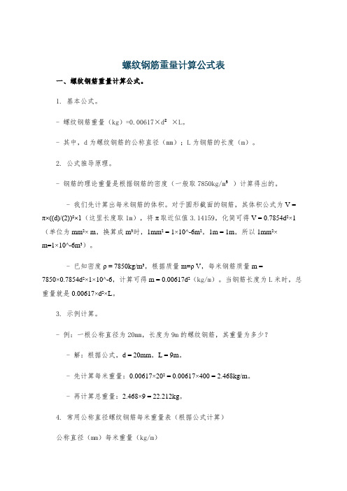 螺纹钢筋重量计算公式表