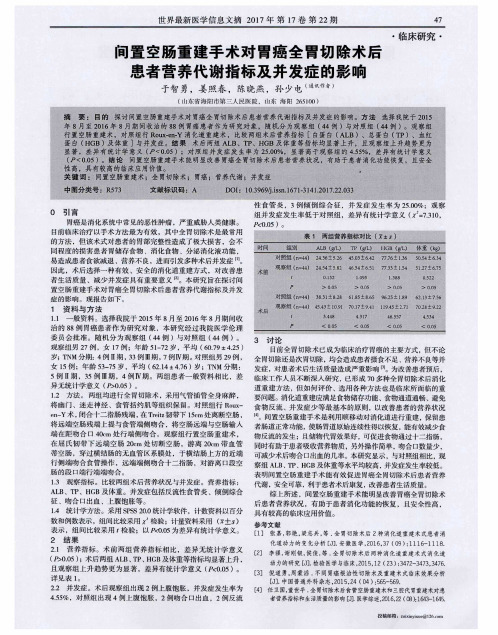 间置空肠重建手术对胃癌全胃切除术后患者营养代谢指标及并发症的影响