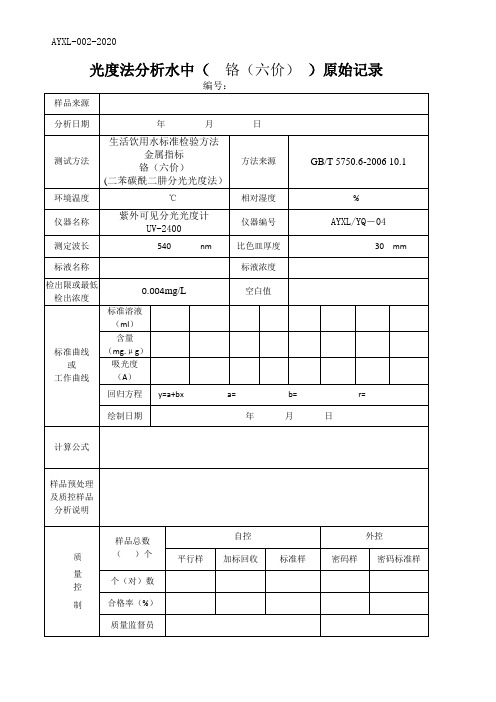 (水质检测实操原始记录)铬六价