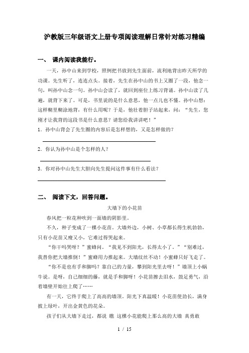 沪教版三年级语文上册专项阅读理解日常针对练习精编