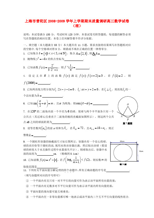 上海市普陀区上学期期末质量调研高三数学试卷(理)