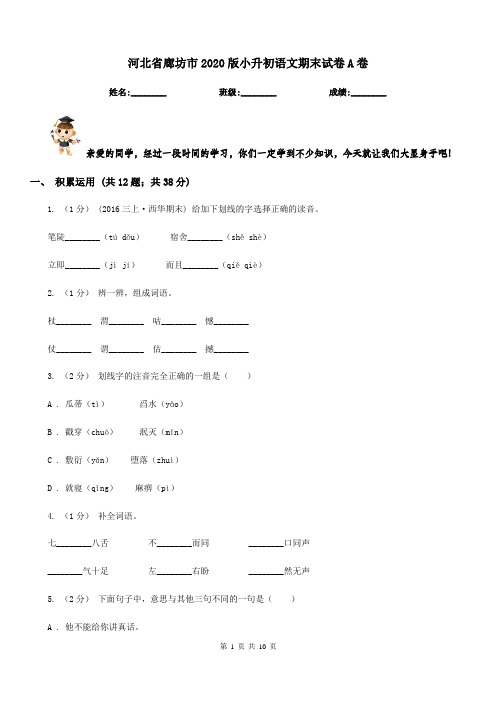 河北省廊坊市2020版小升初语文期末试卷A卷