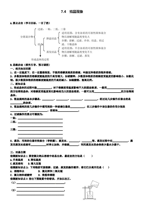 新版粤教版九年级化学下册7.4结晶现象学案