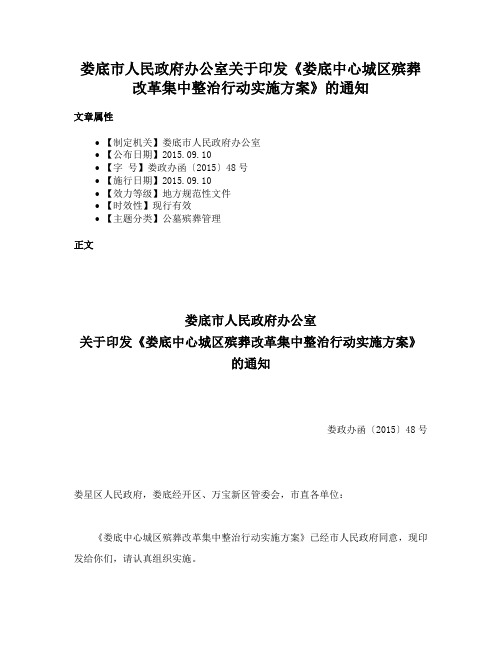 娄底市人民政府办公室关于印发《娄底中心城区殡葬改革集中整治行动实施方案》的通知