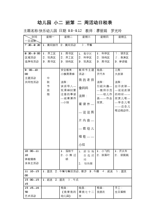 幼儿园小二班第二周活动日程表【模板】