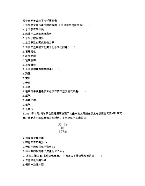 初中化学学业水平考试模拟卷(及答案)