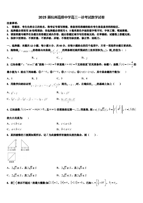 2025届杭州高级中学高三一诊考试数学试卷含解析