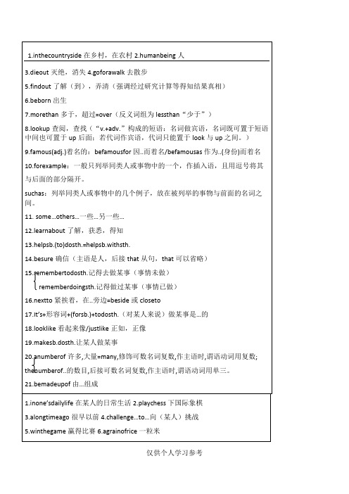 沪教版英语八年级上册  1-4单元知识点复习