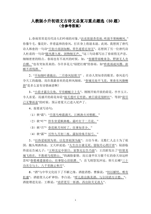 人教版小升初语文古诗文总复习重点题选(50题)