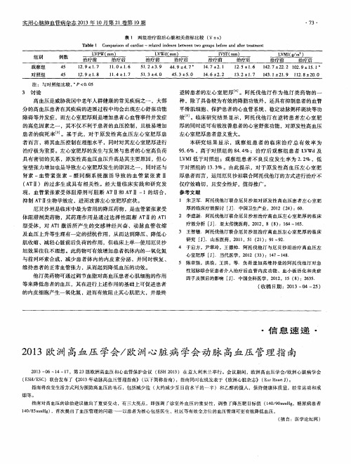 2013欧洲高血压学会／欧洲心脏病学会动脉高血压管理指南