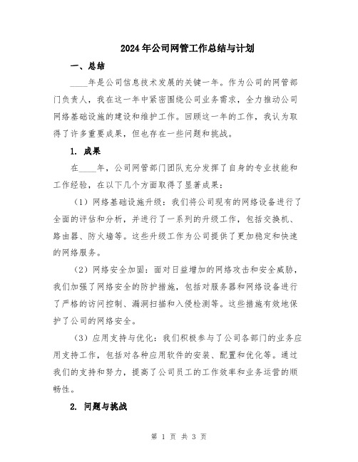 2024年公司网管工作总结与计划