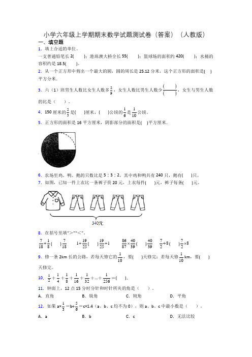 小学六年级上学期期末数学试题测试卷(答案)(人教版)