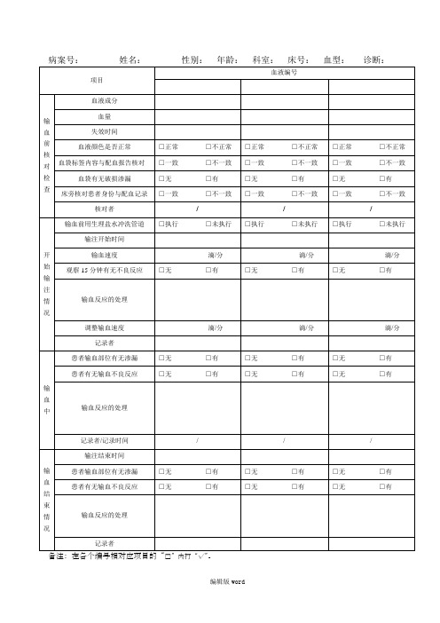 临床输血护理记录单