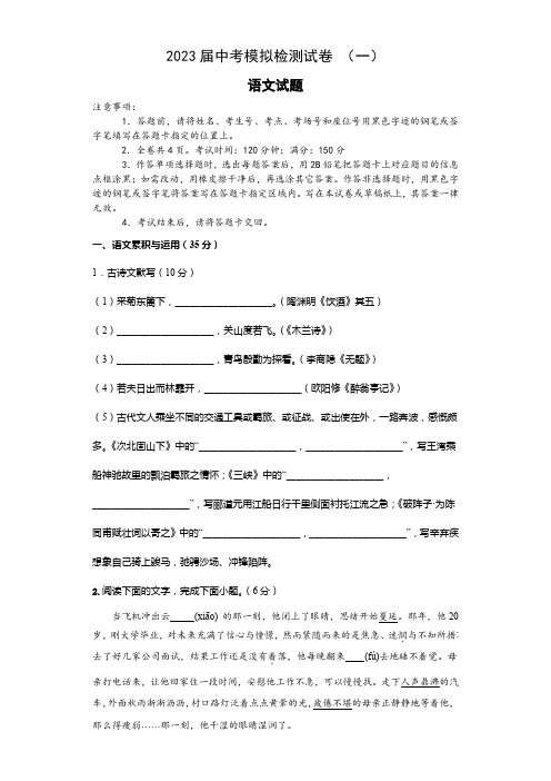 2023年安徽省滁州市珠龙镇中考模拟检测试卷语文试题(一)(含答案)