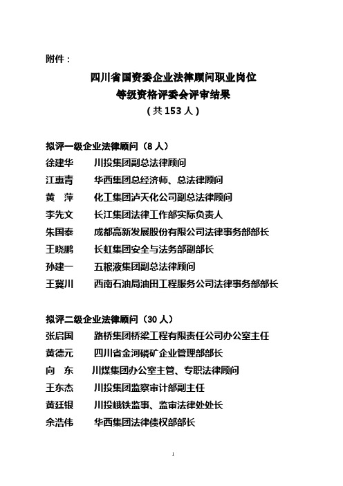 四川省国资委企业法律顾问职业岗位等级资格评审情况公示