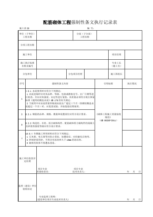 施土表28配筋砌体工程强制性条文执行记录表