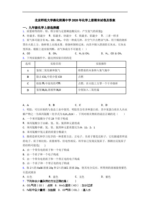 北京师范大学燕化附属中学2020年化学初三化学上册期末试卷及答案