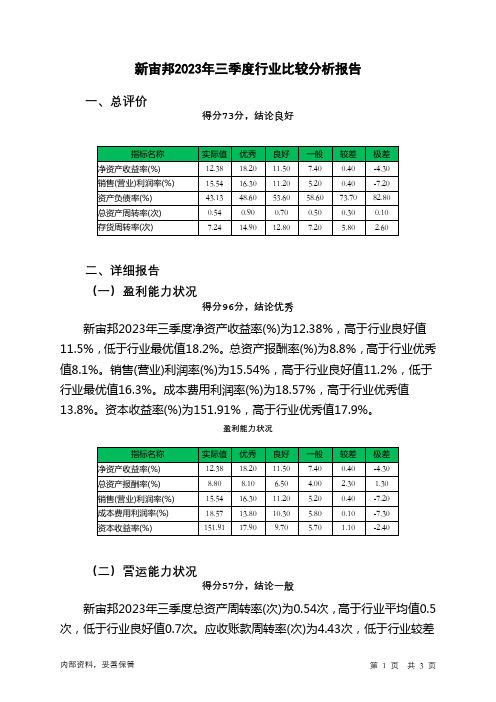 300037新宙邦2023年三季度行业比较分析报告