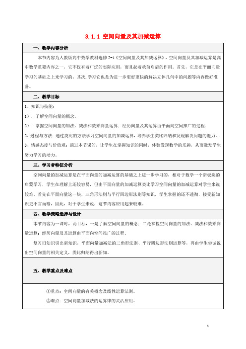 中数学第三章空间向量与立体几何3.1空间向量及其运算3.1.1空间向量及其加减运算教学案无答案新人教