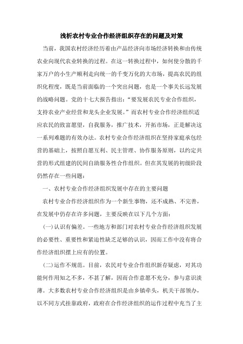 农村专业合作经济组织存在问题及对策