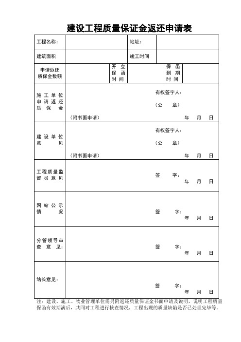 工程质量保证金返还申请表