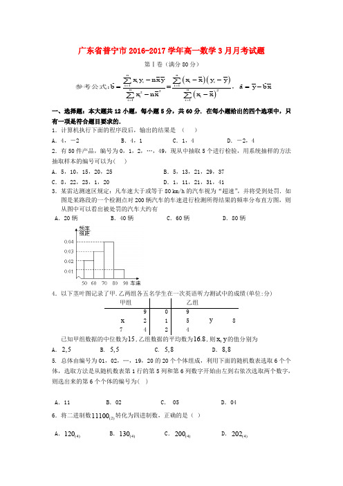 广东普宁市2016-2017学年高一数学3月月考试题