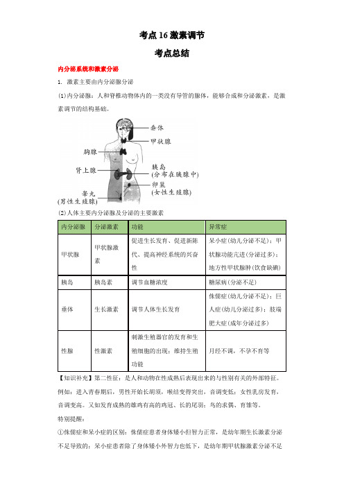 初中生物中考(北师大版)考点16激素调节(解析版)