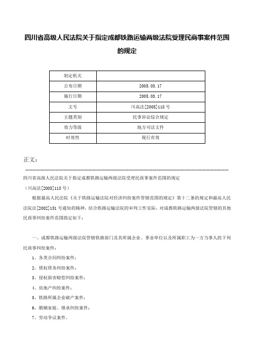 四川省高级人民法院关于指定成都铁路运输两级法院受理民商事案件范围的规定-川高法[2005]118号