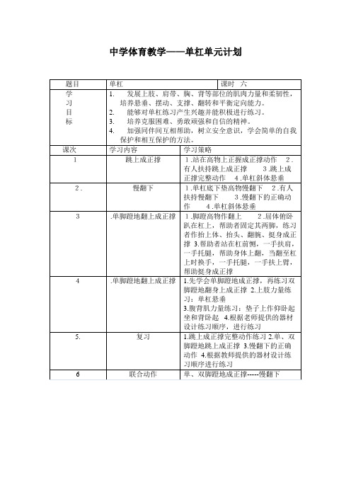 中学体育教学——单杠单元计划