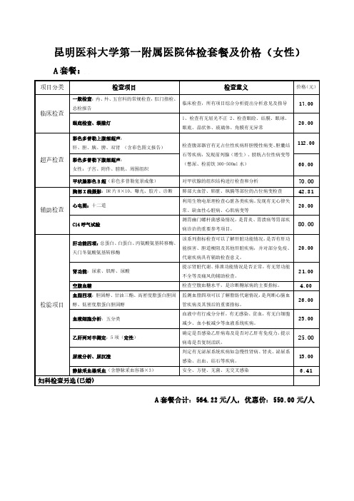 昆明医科大学第一附属医院体检套餐及价格(女性)