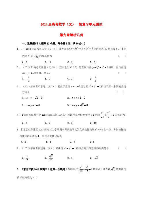 2014届高考数学一轮复习(配最新高考+模拟)第九章解析几何单元测试 文 新人教A版