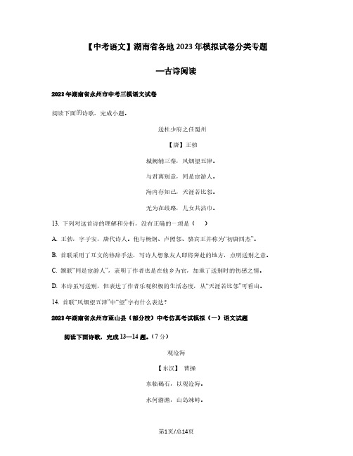 中考语文湖南省各地2022-2023学年模拟试卷分类专题—古诗阅读(含答案)