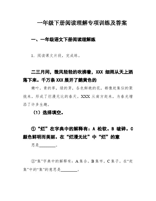 一年级下册阅读理解专项训练及答案