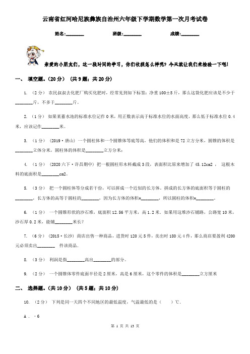 云南省红河哈尼族彝族自治州六年级下学期数学第一次月考试卷