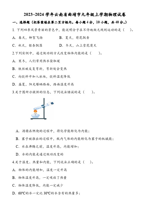 2023~2024学年云南省曲靖市九年级上学期物理试卷(含答案)