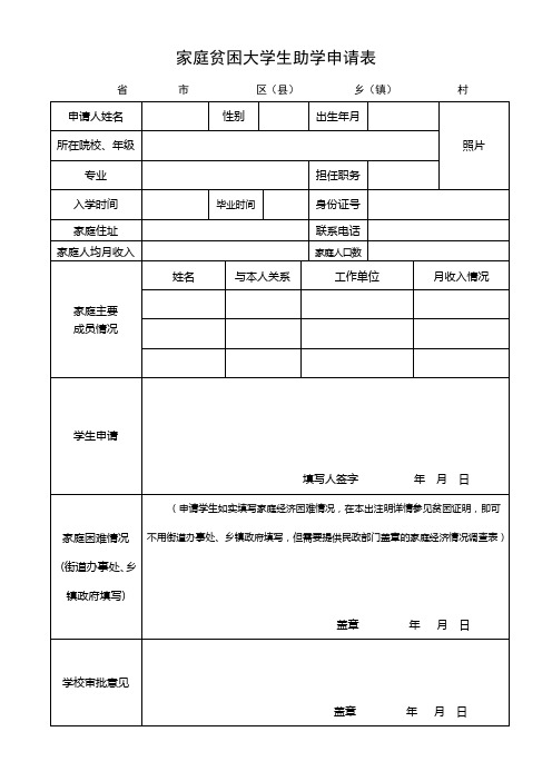 一对一助学特困生申请表