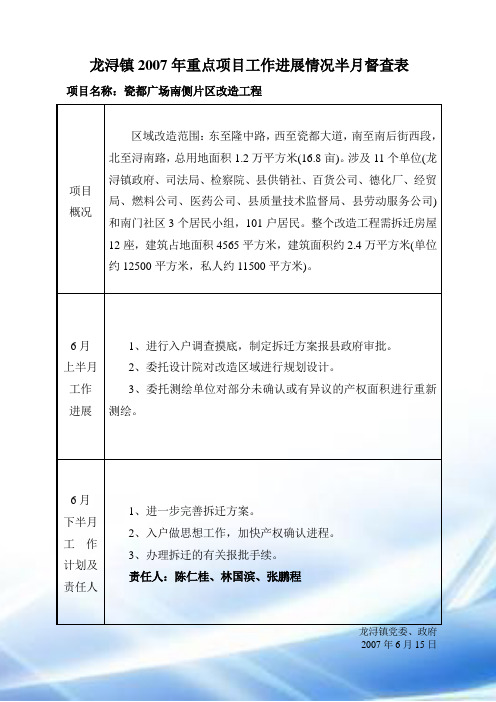 龙浔镇2007年重点项目工作进展情况半月督查表