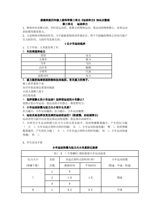 新教科版四年级上册科学第三单元《运动和力》知识点整理