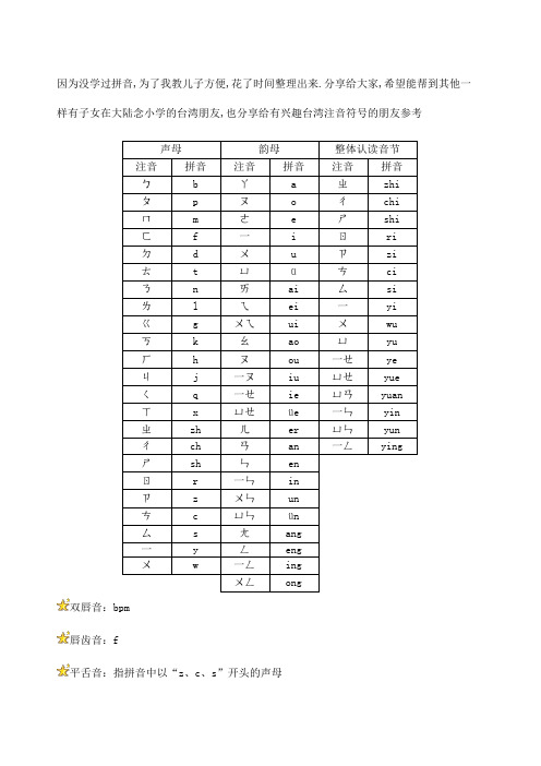 台湾注音符号和拼音对照表