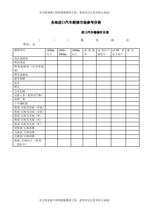 工时价格表(一)(表格模板、DOC格式)