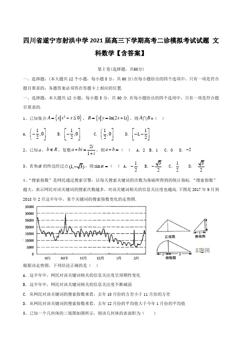 四川省遂宁市射洪中学2021届高三下学期高考二诊模拟考试试题 文科数学【含答案】