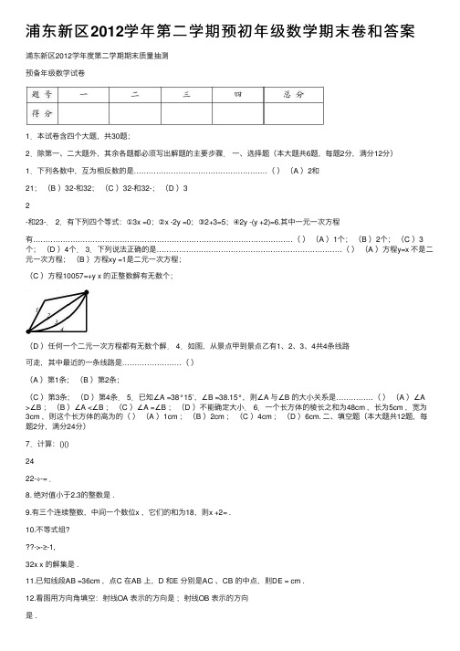 浦东新区2012学年第二学期预初年级数学期末卷和答案