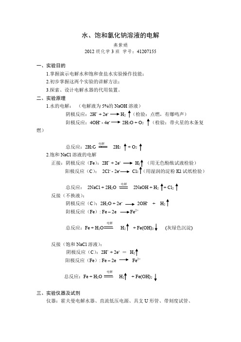 实验三 水、饱和氯化钠的点解